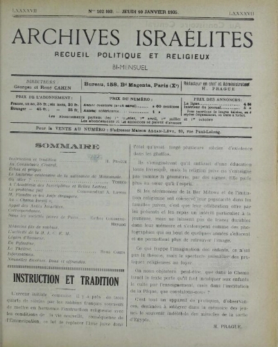 Archives israélites de France. Vol.97 N°102-103 (10 janv. 1935)